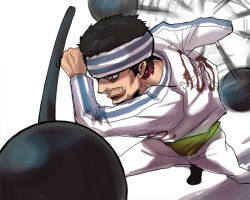 Rule 34 | 1boy, black hair, east blue, fighting, gin (one piece), headband, jolly roger, male focus, one piece, pants, simple background, solo, tongue, weapon, white pants