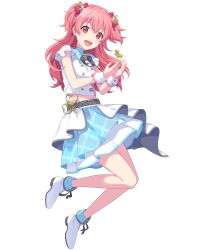 Rule 34 | 1girl, :d, belt, blue skirt, crossed bangs, fang, full body, highres, layered skirt, looking at viewer, midriff, momoi airi, non-web source, official art, open mouth, pink eyes, pink hair, project sekai, shirt, short sleeves, skirt, smile, solo, tachi-e, transparent background, two side up, white footwear, white shirt, white skirt, wrist cuffs