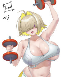 1girl ahoge artist_name bare_shoulders blonde_hair blush breasts cleavage collarbone commentary_request dual_wielding elegg_(nikke) fang goddess_of_victory:_nikke hair_between_eyes highres holding large_breasts navel open_mouth purple_eyes shiny_skin short_hair signature simple_background skin_fang sleeveless smile solo stomach sweat sweatdrop tank_top tomo_eokaiteru unfinished upper_body weights