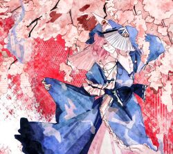 Rule 34 | 1girl, black ribbon, blue bow, blue hat, blue kimono, bow, branch, cherry blossoms, closed mouth, cowboy shot, folding fan, frilled kimono, frills, hair between eyes, hand fan, hat, highres, holding, holding fan, japanese clothes, kimono, long bangs, long sleeves, looking at viewer, mob cap, neck ribbon, oiviie, one eye covered, pink eyes, pink hair, pink nails, red background, ribbon, saigyouji yuyuko, short hair, smile, solo, touhou, triangular headpiece, waist bow, wide sleeves