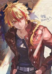 1boy belt belt_buckle black_pants black_shirt blonde_hair braid buckle closed_mouth fate/strange_fake fate_(series) hands_in_pockets jacket long_hair looking_at_viewer male_focus multicolored_hair open_clothes open_jacket pants poppoman red_eyes red_hair red_jacket richard_i_(fate) shirt single_braid solo upper_body white_belt