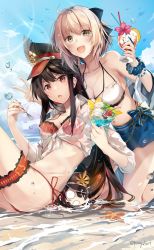 Rule 34 | 2girls, ahoge, alternate costume, armband, artist name, beach, bikini, bikini top only, black bow, black hair, blonde hair, blush, bow, bracelet, breasts, chibi, cocktail, cocktail glass, commentary request, cup, day, drinking glass, fate/grand order, fate (series), food, hair bow, hat, highres, hirai yuzuki, ice cream, jewelry, koha-ace, light blush, long hair, looking at viewer, medium breasts, multiple girls, navel, oda nobunaga (fate), oda nobunaga (koha-ace), oda nobunaga (swimsuit berserker) (fate), oda nobunaga (swimsuit berserker) (third ascension) (fate), okita souji (fate), okita souji (koha-ace), open mouth, peaked cap, pleated skirt, red bikini, red eyes, short hair, skirt, sky, starfish, string bikini, swimsuit, v-shaped eyebrows, very long hair, water, yellow eyes