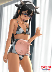 Rule 34 | 1girl, 2021, alternate costume, animal ears, animal print, bikini, black hair, blue eyes, breasts, chinese zodiac, cow ears, cow horns, cow print, curtains, disgust, fake horns, glasses, hair between eyes, horns, kantai collection, long hair, mu-pyon, new year, ooyodo (kancolle), open mouth, shaded face, small breasts, solo, swimsuit, twitter username, udder, window, year of the ox