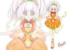 Rule 34 | 1girl, absurdres, alternate costume, bell, bubble skirt, choker, full body, gloves, go! princess precure, green eyes, highres, magical girl, multicolored clothes, multicolored skirt, orange skirt, pantyhose, pink hair, precure, princess pumplulu, rona67, shoes, short hair, skirt, smile, solo, standing, white background, white pantyhose, yellow gloves, zoom layer