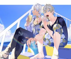 Rule 34 | 2boys, black pants, black shirt, blue eyes, burger, condensation, crossed legs, cup, disposable cup, drinking, earrings, ex albio, food, grey hair, highres, holding, holding cup, holding food, ibrahim (nijisanji), jacket, jewelry, lens flare, long sleeves, looking afar, looking at viewer, male focus, multiple boys, nijisanji, open mouth, pants, railing, sandals, serita jon, shirt, short hair, short sleeves, shorts, sitting, stairs, twitter username, virtual youtuber, white hair, white jacket