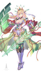 Rule 34 | 1girl, armor, armored boots, blue eyes, boots, breasts, cape, cleavage, clothing cutout, commentary request, detached collar, elf, energy barrier, energy shield, energy sword, english text, floating, floating object, frills, gauntlets, gem, heterochromia, highleg, highleg leotard, highres, holding, holding sword, holding weapon, leotard, long hair, long sleeves, looking at viewer, mecha musume, medium breasts, original, pauldrons, pointy ears, purple eyes, red cape, see-through, see-through skirt, shield, shoulder armor, showgirl skirt, side cutout, simple background, skindentation, skirt, smile, solo, sword, takamine nadare, text focus, thigh gap, tiara, veil, weapon, white background
