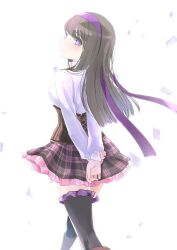 Rule 34 | 1girl, aohashi ame, arms behind back, assault lily, black footwear, black thighhighs, boots, breasts, brown hair, closed mouth, collared shirt, commentary request, confetti, corset, feet out of frame, frilled skirt, frilled thighhighs, frills, from behind, hair ribbon, hairband, hand on own arm, highres, kishimoto maria mirai, knee boots, long hair, looking at viewer, looking back, ludvico private girls&#039; academy school uniform, medium breasts, miniskirt, pink skirt, plaid, plaid skirt, purple eyes, purple hairband, purple ribbon, ribbon, school uniform, shirt, simple background, skirt, smile, solo, standing, thighhighs, thighhighs under boots, underbust, white background, white shirt, zettai ryouiki
