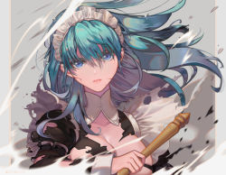 Rule 34 | 1girl, alternate costume, black dress, blood, blood on face, blue eyes, blue hair, breasts, byleth (female) (fire emblem), byleth (fire emblem), cleavage, collarbone, debris, dress, enmaided, fire emblem, fire emblem: three houses, floating hair, frills, gradient background, grey background, holding, holding sword, holding weapon, injury, juliet sleeves, large breasts, long hair, long sleeves, maid, maid headdress, nintendo, parted lips, peach luo, pink lips, puffy sleeves, serious, solo, sword, torn clothes, torn dress, upper body, weapon