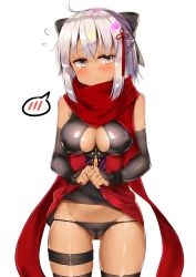Rule 34 | 1girl, :&lt;, ahoge, arm guards, bare shoulders, black panties, black thighhighs, blush, bow, breasts, brown eyes, center opening, cleavage, cleavage cutout, clothes lift, clothing cutout, covered erect nipples, dark-skinned female, dark skin, dombear, fate/grand order, fate (series), groin, hair bow, hair ornament, head tilt, highres, large breasts, looking at viewer, looking to the side, lowleg, lowleg panties, okita souji (fate), okita souji alter (fate), okita souji alter (first ascension) (fate), panties, scarf, short hair, silver hair, simple background, skirt, skirt lift, solo, spoken blush, tassel, thighhighs, underwear, white background