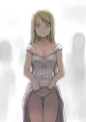 Rule 34 | 1girl, blonde hair, blue eyes, blush, breasts, character request, cleavage, clothes lift, copyright request, cowboy shot, dress, dress lift, gluteal fold, grey background, legs together, long dress, medium breasts, nose blush, panties, solo, standing, tea (nakenashi), thigh gap, underwear, white dress, white panties