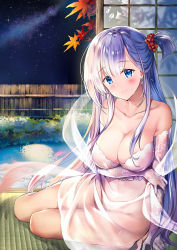 Rule 34 | 1girl, arm support, azur lane, blue eyes, blush, breasts, cleavage, closed mouth, collarbone, commentary request, detached sleeves, hagoromo, hair ornament, hair scrunchie, large breasts, leaf, long hair, looking at viewer, maple leaf, moonlight, night, night sky, one side up, onsen, rei (rei&#039;s room), revision, scrunchie, see-through, see-through sleeves, shawl, shouji, shoukaku (azur lane), shoukaku (the crane that dances with the wind) (azur lane), sidelocks, silver hair, sitting, sky, sliding doors, smile, solo, star (sky), starry sky, tatami, very long hair, yokozuwari