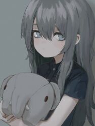 Rule 34 | 1girl, black shirt, collared shirt, expressionless, fuyuishi, grey background, grey eyes, highres, muted color, original, shirt, short sleeves, simple background, solo, stuffed animal, stuffed toy, upper body