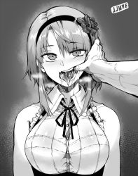 Rule 34 | 10s, 1girl, bad id, bad twitter id, blush, breasts, dagashi kashi, finger in another&#039;s mouth, flower, greyscale, hairband, jjune, looking at viewer, monochrome, mouth pull, open mouth, oral invitation, pov, rose, saliva, shidare hotaru, short hair, sleeveless, solo focus, suggestive fluid, teeth, tongue, tongue out, veins
