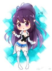 Rule 34 | 00s, 1girl, :o, bad id, bad pixiv id, black hair, breasts, character request, chibi, cleavage, detached sleeves, dungeon and fighter, highres, long hair, mage (dungeon and fighter), midriff, navel, pointy ears, ponytail, purple eyes, short shorts, shorts, solo, tailcoat, tandohark, thighhighs, very long hair