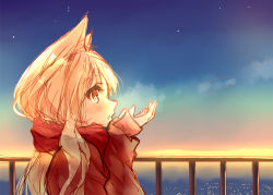 Rule 34 | 1girl, animal ears, blush, breath, brown shirt, enpera, hamaru (s5625t), hands up, light brown hair, long hair, long sleeves, original, parted lips, profile, railing, red eyes, red scarf, scarf, shirt, sketch, sky, sleeves past wrists, solo, sunrise, upper body