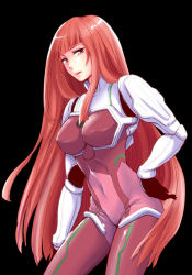 Rule 34 | 00s, 1girl, black background, bodysuit, breasts, covered navel, hand on own hip, ken marinaris, large breasts, long hair, open mouth, pilot suit, pink eyes, pink hair, satoshi (stephens), simple background, solo, very long hair, zone of the enders, zone of the enders 2