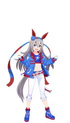 Rule 34 | 1girl, animal ears, belt, blue belt, blue eyes, blue footwear, blue hairband, blue jacket, capri pants, clenched hands, crop top, cross-laced footwear, ear covers, fang, fingerless gloves, full body, game model, gloves, grey hair, hairband, highres, horse ears, horse girl, horse tail, jacket, lightning bolt symbol, long hair, looking at viewer, midriff, multicolored hairband, navel, official art, open clothes, open jacket, open mouth, pants, red belt, revision, shoes, simple background, smile, sneakers, solo, standing, tail, tamamo cross (umamusume), transparent background, umamusume, white gloves, white pants