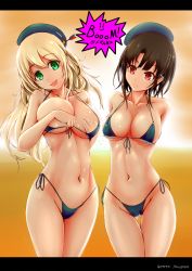 Rule 34 | 10s, 2girls, arms behind back, artist name, atago (kancolle), backlighting, bad id, bad pixiv id, beret, bikini, black hair, blonde hair, blue bikini, blush, breast hold, breasts, collarbone, covering privates, covering breasts, cowboy shot, franz (217franz), frilled bikini, frills, front-tie bikini top, front-tie top, green eyes, groin, hand under clothes, hat, head tilt, highres, kantai collection, large breasts, letterboxed, long hair, looking at viewer, micro bikini, multiple girls, navel, o-ring, o-ring bikini, open mouth, orange background, red eyes, short hair, side-tie bikini bottom, standing, strap gap, string bikini, swimsuit, takao (kancolle), thigh gap