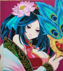Rule 34 | 1girl, :|, black hair, breasts, closed mouth, flower, hair flower, hair ornament, hand fan, highres, large breasts, len (sennen sensou aigis), long hair, looking at viewer, lotus, magenta background, pink background, pink eyes, sennen sensou aigis, solo, soune1000, traditional media, upper body