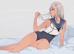 Rule 34 | 10s, 1girl, bad id, bad pixiv id, blonde hair, blue eyes, crop top, flower, hair flower, hair ornament, highres, holding, holding own hair, kantai collection, legs, miya eighteen, one-piece swimsuit, one-piece tan, pillow, ro-500 (kancolle), school uniform, serafuku, solo, swimsuit, swimsuit under clothes, tan, tanline, thighs