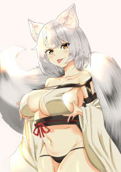Rule 34 | 1girl, absurdres, animal ear fluff, animal ears, bare shoulders, black panties, breast hold, breasts, collarbone, detached sleeves, dominique (dom1nique ktn), fox ears, fox girl, fox tail, highres, large breasts, large tail, midriff, navel, orange eyes, original, panties, short hair, silver hair, smile, solo, tail, tongue, tongue out, underwear, white background, wide sleeves
