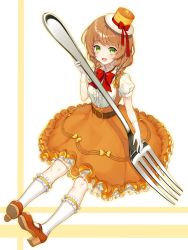 Rule 34 | 1girl, :d, bow, braid, brown footwear, brown hair, food, fork, frilled skirt, frills, full body, gloves, green eyes, hat, hat bow, highres, kneehighs, looking at viewer, morinaga (brand), open mouth, orange skirt, original, oversized object, pancake, personification, red bow, shoes, short hair, skirt, smile, socks, solo, tokki, twin braids, white gloves, white socks