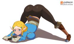 Rule 34 | 1girl, absurdres, arm rest, ass, blonde hair, blue eyes, blush, breasts, female focus, flexible, full body, hands on ground, highres, jack-o&#039; challenge, large breasts, meme, nintendo, patreon logo, patreon username, pointy ears, princess zelda, short hair, simple background, solo, spread legs, stretching, the legend of zelda, the legend of zelda: breath of the wild, the legend of zelda: tears of the kingdom, top-down bottom-up, wide spread legs, yanje