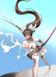 Rule 34 | 1girl, absurdres, azur lane, blue background, breasts, brown hair, cleavage, cleavage cutout, clothing cutout, elbow gloves, electricity, extra ears, foot out of frame, gloves, highres, holding, holding sheath, holding sword, holding weapon, huge breasts, katana, lightning, long hair, miniskirt, minuo songshu, pantyhose, ribbon, sheath, skirt, solo, sword, takao (azur lane), takao (divine exorcist&#039;s blade) (azur lane), torn clothes, torn pantyhose, very long hair, weapon, white ribbon, white skirt, yellow eyes
