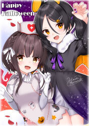 2girls absurdres animal_ears bat_ears black_dress black_hair brown_eyes brown_hair dress fang food-themed_hair_ornament hair_ornament halloween halloween_costume happy_halloween hat highres himura_moritaka inagi_(halloween_mode)_(kancolle) inagi_(kancolle) kantai_collection long_hair loose_hair_strand multiple_girls nurse nurse_cap official_alternate_costume orange_eyes patchwork_clothes pumpkin_hair_ornament short_hair short_hair_with_long_locks sidelocks skin_fang twintails ukuru_(halloween_mode)_(kancolle) ukuru_(kancolle)