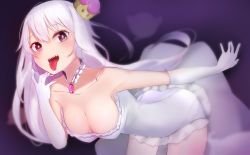 Rule 34 | 1girl, :d, :p, adapted costume, amethyst (stone), bare shoulders, bent over, boo (mario), breasts, cleavage, collarbone, crown, cthlo, dress, female focus, gem, ghost, gloves, hair between eyes, hand up, highres, jewelry, large breasts, long hair, looking at viewer, luigi&#039;s mansion, mario (series), monster girl, necklace, new super mario bros. u deluxe, nintendo, open mouth, personification, princess king boo, purple background, purple eyes, red eyes, saliva, see-through, sharp teeth, skirt, smile, solo, strapless, strapless dress, super crown, teeth, tongue, tongue out, upper teeth only, white dress, white gloves, white hair
