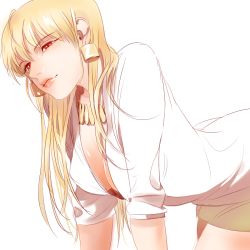 Rule 34 | 1girl, adapted costume, blonde hair, breasts, cleavage, earrings, fate/zero, fate (series), genderswap, genderswap (mtf), gilgamesh-ko, gilgamesh (fate), jewelry, large breasts, long hair, necklace, official alternate costume, red eyes, return92, solo