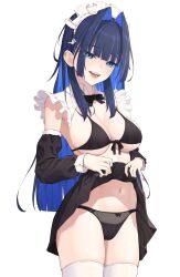 Rule 34 | 1girl, armpits, bangom r, black hair, blue eyes, blue hair, breasts, cleavage, clothes lift, hair intakes, highres, hololive, hololive english, large breasts, lifted by self, long hair, maid headdress, mole, mole on armpit, mole on breast, multicolored hair, ouro kronii, panties, skirt, skirt lift, smile, solo, underwear, virtual youtuber