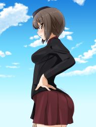 Rule 34 | 1girl, abimaru gup, black hat, black jacket, blue sky, brown eyes, brown hair, cloud, cloudy sky, commentary, cowboy shot, day, dress shirt, from side, garrison cap, girls und panzer, hand on own hip, hat, highres, jacket, kuromorimine military uniform, long sleeves, looking at viewer, looking back, military, military hat, military uniform, miniskirt, nishizumi maho, outdoors, parted lips, pleated skirt, red shirt, red skirt, shirt, short hair, skirt, sky, solo, standing, twitter username, uniform