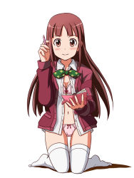 Rule 34 | 10s, 1girl, blunt bangs, book, bow, bow bra, bow panties, bra, breasts, brown eyes, brown hair, cardigan, cleavage, closed mouth, crotch seam, dress shirt, full body, hair down, holding, holding book, idolmaster, idolmaster million live!, kneeling, lace, lace-trimmed bra, lace trim, lielos, long hair, long sleeves, looking at viewer, matsuda arisa, medium breasts, no pants, open cardigan, open clothes, open shirt, panties, pencil, pink bra, pink panties, purple sweater, shirt, simple background, smile, solo, sweater, thighhighs, twintails, underwear, white background, white shirt, white thighhighs