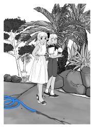 Rule 34 | 2girls, absurdres, arms behind back, border, bow, closed mouth, dress, full body, greyscale, hair bow, high heels, highres, holding, hose, kidu (new kidu), long hair, looking at viewer, medium hair, monochrome, multiple girls, neckerchief, original, outdoors, palm tree, plant, rock, sandals, shirt, shirt tucked in, shoes, short sleeves, skirt, sleeveless, sleeveless dress, smile, socks, spot color, standing, tree, white border