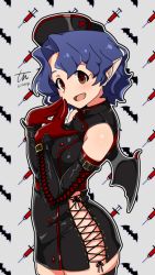 Rule 34 | 1girl, animal print, artist name, bat print, bat wings, black dress, black gloves, black outline, black thighhighs, black wings, blue hair, commentary, cowboy shot, dated, dress, elbow gloves, fangs, gloves, grey background, halloween, halloween costume, hand to own mouth, hat, idolmaster, idolmaster million live!, looking at viewer, microdress, nurse cap, open mouth, outline, pointy ears, red eyes, short hair, side-tie dress, signature, sleeveless, sleeveless dress, smile, solo, standing, syringe, thighhighs, toyokawa fuka, tun, white outline, wings