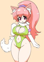 Rule 34 | 1girl, animal ears, bare legs, bare shoulders, breasts, cat ears, cat girl, cleavage, cleavage cutout, clothing cutout, curvy, female focus, highleg, highleg leotard, highres, large breasts, leotard, long hair, looking at viewer, paw print, perisie (star ocean), pink hair, ponytail, red eyes, ryoi, simple background, smile, solo, star ocean, star ocean first departure, thick thighs, thighs, thong leotard, upper body, very long hair