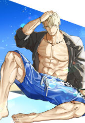 Rule 34 | 1boy, abs, bara, blonde hair, blue male swimwear, fate/grand order, fate (series), from below, gawain (fate), hand in own hair, highres, itaru (kidomh63), large pectorals, looking at viewer, male focus, male swimwear, muscular, muscular male, navel, nipples, official alternate costume, open clothes, open shirt, pectorals, seductive smile, short hair, sitting, smile, solo, spread legs, stomach, swim trunks, thick eyebrows, wet, wet hair
