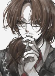 Rule 34 | 1boy, black vest, brown eyes, brown hair, cigarette, collared shirt, facial hair, glasses, gregor (project moon), hand up, highres, holding, holding cigarette, limbus company, low ponytail, luull, medium hair, mustache, necktie, parted bangs, parted lips, project moon, red necktie, shirt, simple background, solo, vest, white background, white shirt