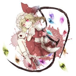 Rule 34 | 1girl, bad id, bad pixiv id, blonde hair, blood, blood splatter, fang, fingernails, flandre scarlet, full body, glowing, glowing eyes, hat, hat ribbon, head rest, highres, looking at viewer, mary janes, mob cap, parted lips, puffy short sleeves, puffy sleeves, red eyes, ribbon, shoes, short hair, short sleeves, side ponytail, simple background, skirt, skirt set, skull, slit pupils, socks, solo, sparkle, touhou, white background, wings, yumeichigo alice