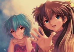 Rule 34 | 2girls, ayanami rei, blue eyes, blue hair, blush, brown hair, close-up, female focus, fingernails, frills, hair ornament, head rest, highres, kobayashi yuji, long fingernails, long hair, multiple girls, neon genesis evangelion, open mouth, own hands clasped, own hands together, pajamas, pink eyes, ribbon, short hair, signature, smile, souryuu asuka langley, turtleneck, twintails, waving