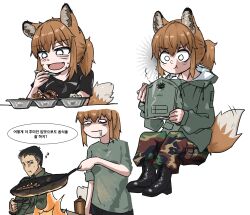 Rule 34 | 1girl, absurdres, animal ears, boots, brown hair, collage, cooking, eating, field ration, fire, food, fox ears, fox girl (yihan1949), fox tail, frying pan, highres, korean text, meat, military uniform, original, shirt, sitting, solo focus, t-shirt, tail, translation request, uniform, yihan1949