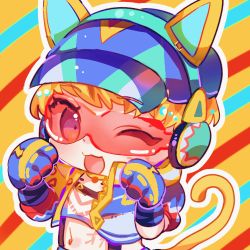 Rule 34 | 1girl, animal ear headphones, animal ears, animification, apex legends, blonde hair, blue hat, cat ear headphones, cat tail, chano (22chano death), cropped shirt, fake animal ears, gloves, hat, headphones, hood, hood up, jacket, lowres, multicolored clothes, multicolored jacket, navel, official alternate costume, one eye closed, paw pose, purple gloves, purple jacket, shirt, short hair, solo, sunglasses, tail, thunder kitty wattson, visor cap, wattson (apex legends), white jacket, white shirt