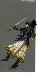 Rule 34 | 1girl, absurdres, armor, armored dress, black hair, boots, dress, feathers, grey background, helmet, highres, hrist valkyrie, long hair, scabbard, sheath, skirt, solo, valkyrie profile (series), yoshinari you