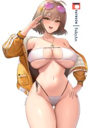 Rule 34 | 1girl, ahoge, anis (nikke), anis (sparkling summer) (nikke), artist name, bikini, breasts, breasts apart, brown hair, cowboy shot, eyepatch bikini, eyewear on head, feikyart, fingernails, gluteal fold, goddess of victory: nikke, hair between eyes, hair ornament, hand on own hip, hand up, highleg, highleg bikini, jacket, jewelry, large breasts, light blush, long fingernails, long sleeves, looking at viewer, navel, necklace, off shoulder, official alternate costume, open clothes, open jacket, open mouth, paid reward available, patreon logo, patreon username, pink-tinted eyewear, short hair, side-tie bikini bottom, simple background, single bare shoulder, smile, solo, stomach, sunglasses, swimsuit, thigh gap, tinted eyewear, white background, white bikini, yellow eyes, yellow jacket