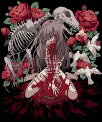 Rule 34 | 1girl, animal skeleton, bad id, bad twitter id, barefoot, between legs, bird, blood, blood on face, blood on hands, blood splatter, bloody tears, bug, centipede, completely nude, covering own mouth, dove, floral background, flower, full body, guro, hand between legs, hand up, heart, injury, long hair, looking down, maggot, meremero, nude, original, red eyes, red flower, red rose, rose, sitting, solo, wariza