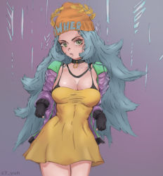 Rule 34 | 1girl, bad id, bad pixiv id, beanie, black gloves, blue hair, breasts, collar, covered navel, dislyte, dress, gloves, green eyes, hat, highres, jacket, long hair, mona (dislyte), orange hat, purple background, pursed lips, see-through, see-through jacket, simple background, solo, yellow dress, z7 yuh