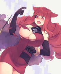 Rule 34 | 1girl, animal ears, areola slip, artificial eye, blush, breasts, cat ears, dress, drill hair, elbow gloves, falling, gloves, large breasts, long hair, mechanical eye, open mouth, red eyes, red hair, solo, stella hoshii, torn clothes, va-11 hall-a, y (35504109)