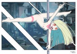 Rule 34 | 1girl, :d, artificial eye, artist name, ass, barefoot, blurry, blurry background, border, breasts, colored sclera, colored skin, commentary, completely nude, cyberpunk (series), cyberpunk edgerunners, english commentary, game screenshot background, green hair, highres, holding, holding pole, leg tattoo, mechanical eye, neck tattoo, nipples, nude, open mouth, pointing, pointing up, pole, pole dancing, rebecca (cyberpunk), red eyes, red sclera, small breasts, smile, solo, stripper pole, tattoo, triplevexx, watermark, web address, white border, white skin