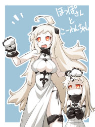 Rule 34 | 10s, 2girls, abyssal ship, ahoge, bare shoulders, black panties, blush, breasts, claws, cleavage, cleavage cutout, clothing cutout, colored skin, detached sleeves, dress, horns, kantai collection, large breasts, long hair, mittens, multiple girls, nino (ninouchi irazu), northern ocean princess, aged up, open mouth, pale skin, panties, red eyes, ribbed dress, seaport princess, side-tie panties, side slit, single horn, smile, translation request, underwear, very long hair, white dress, white hair, white skin, aged down